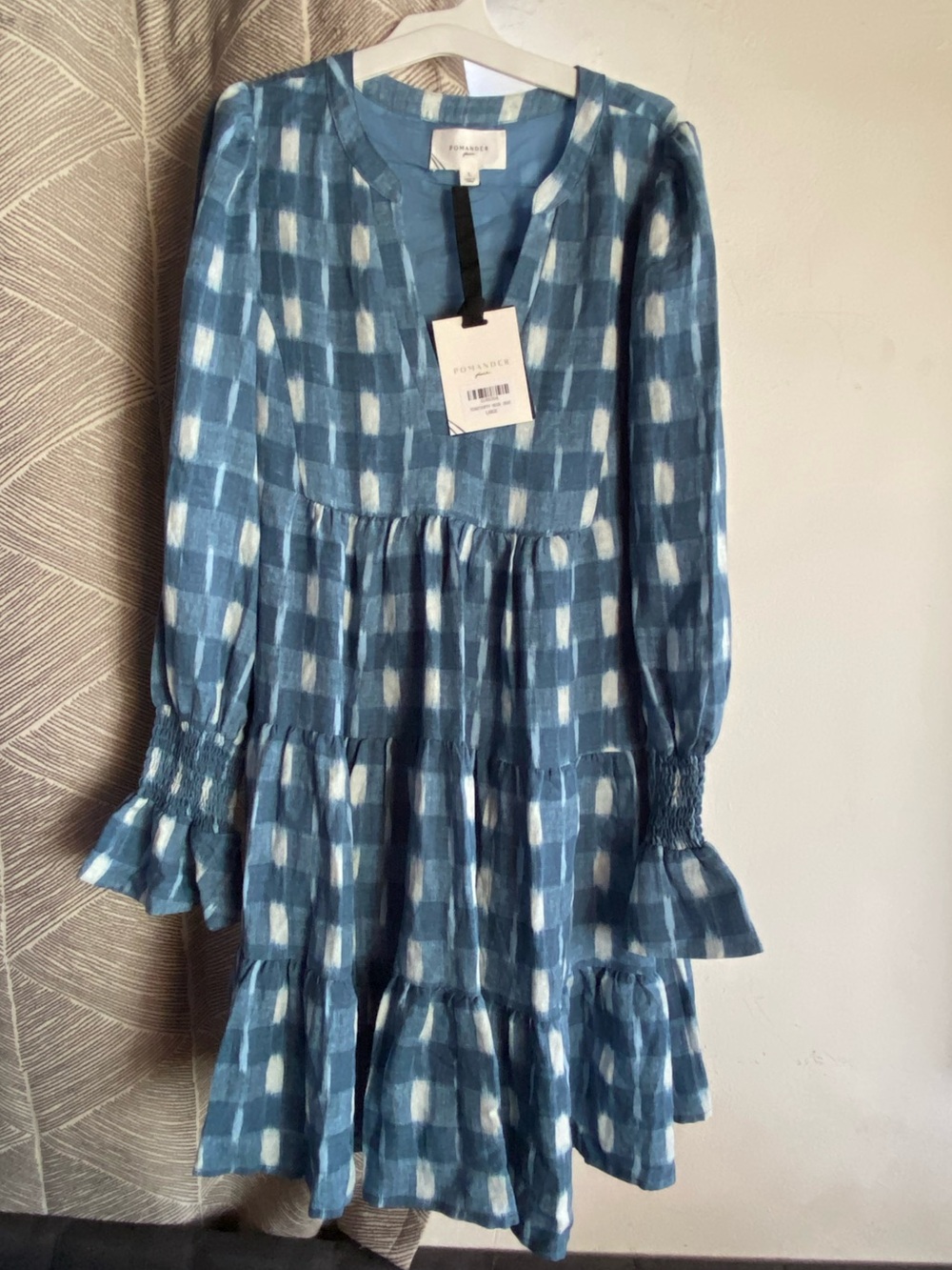 Tuckernuck x Pomander Place Blue Ikat Kenzo Dress Mini Tiered Smocked Cuff Sz L - Picture 5 of 16
